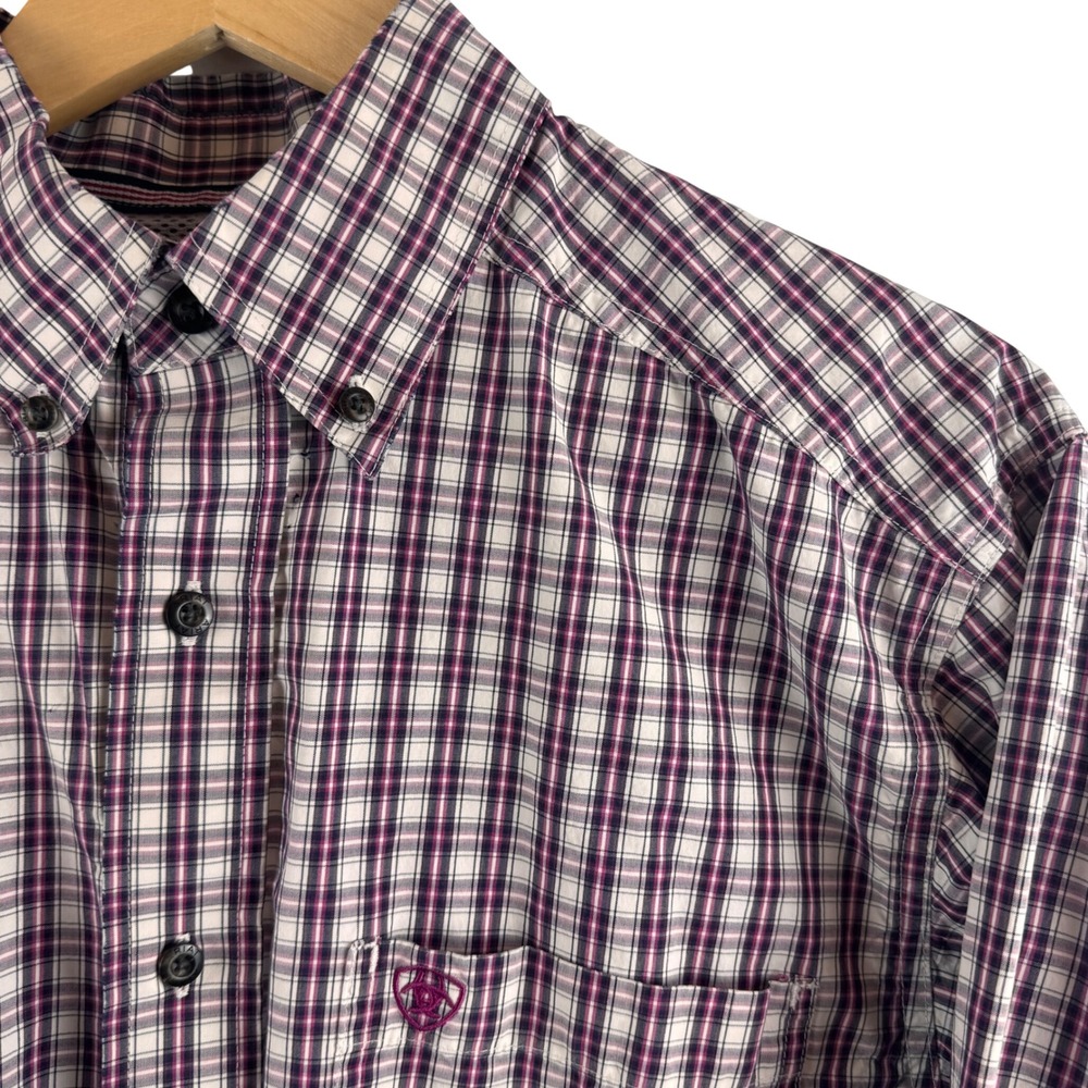 Ariat Pro Series Shirt Mens Large White Burgundy Plaid Fitted Long Sleeve Button